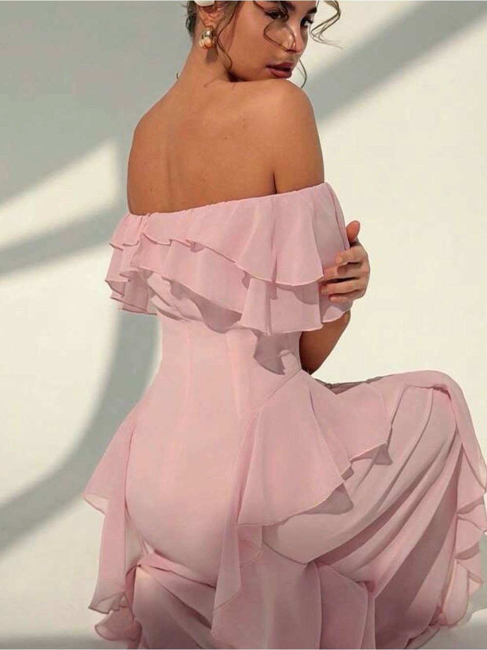 Pink Off-Shoulder A-Line Midi Ruffle Dress L - Picture 2 of 4